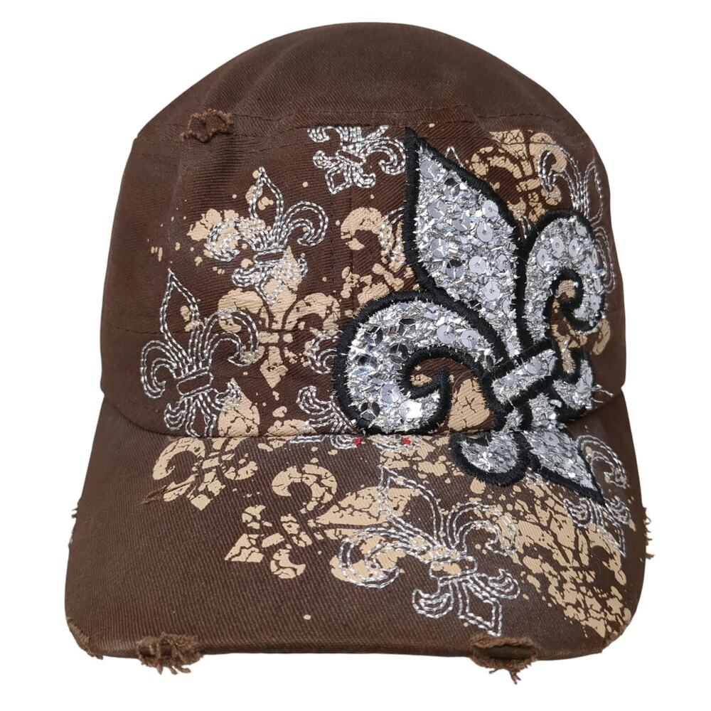 Leader Slideback Army Cap Brown One Size Fleur-de-lis Sequin Embellished